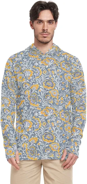 Trendy Vintage Flower Gray Orange Sun Shirt Hoodie For Men Long Sleeve UPF 50 Mens Sun Shirt Quick-Dry Hooded UV Rashguard For Men Adult Rash Guards camisas con gorro para trabajo