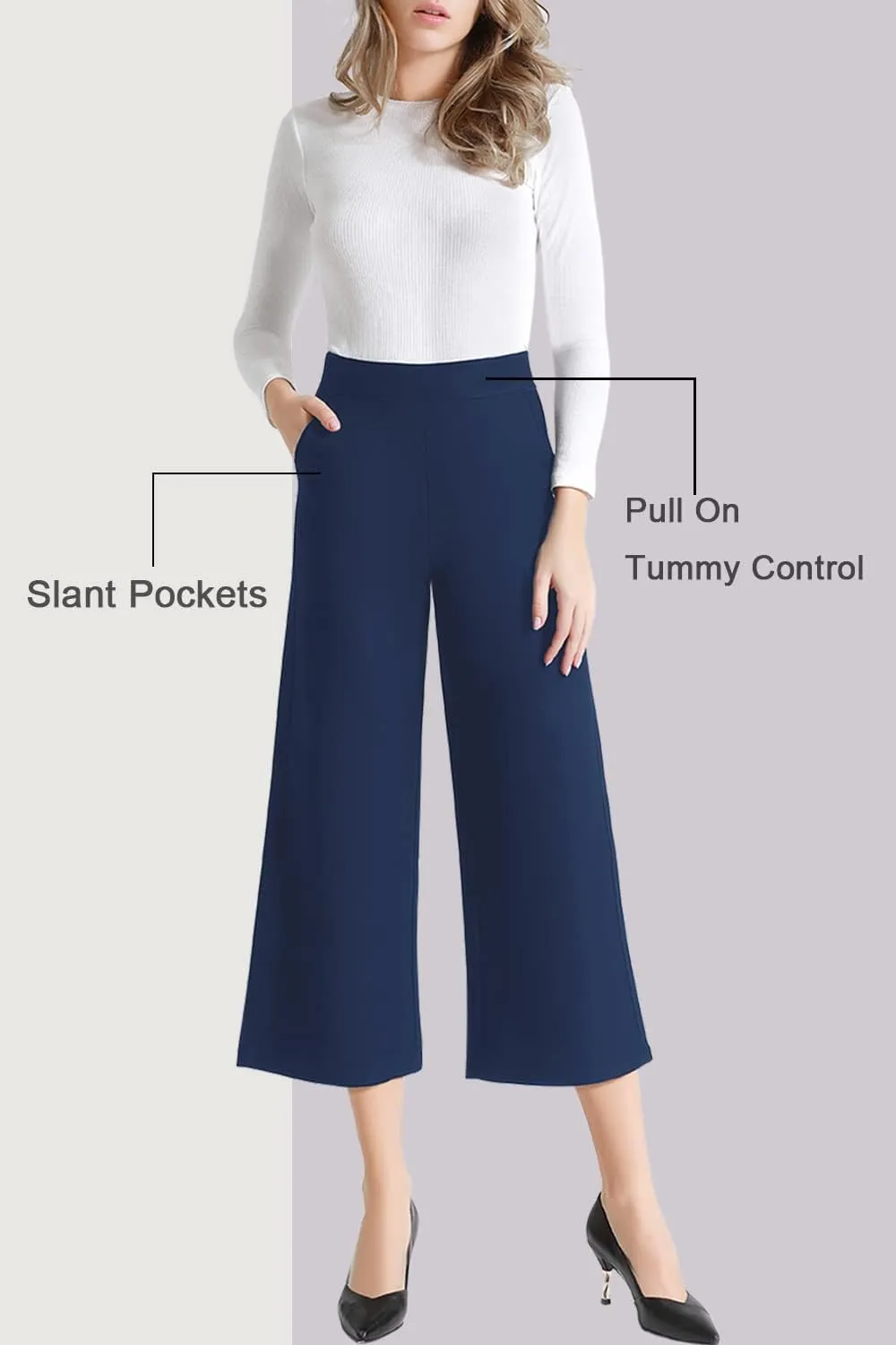 Tsful Wide Leg Pants for Women Trousers High Waisted Dress Pants Business Casual Summer Capris Stretch Pull On Work Slacks