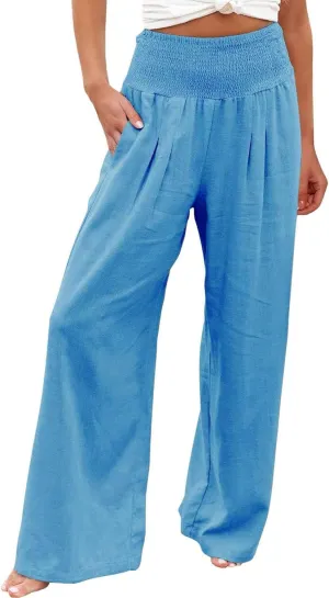 Tummy Control Women High Waisted Lounge Pants Casual Wide Leg Boho Trouser Summer Drawstring Sweatpants with Pocket