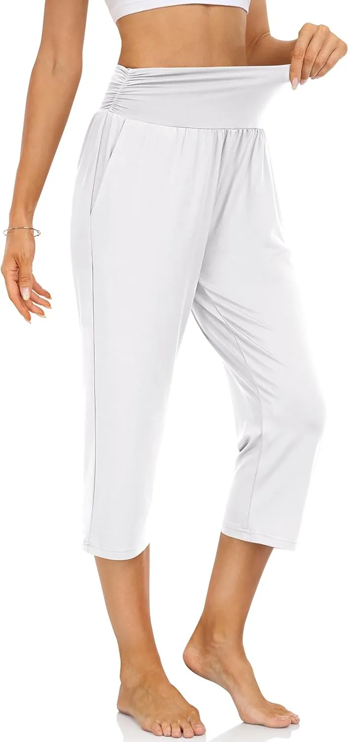 UEU Women's Capri Pants Summer Loose Yoga Pants Comfy Workout Cropprd Pants with Pockets