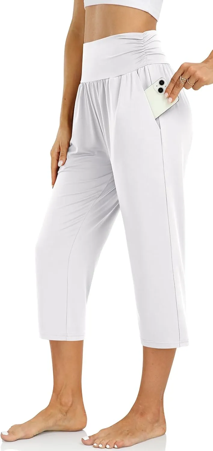 UEU Women's Capri Pants Summer Loose Yoga Pants Comfy Workout Cropprd Pants with Pockets