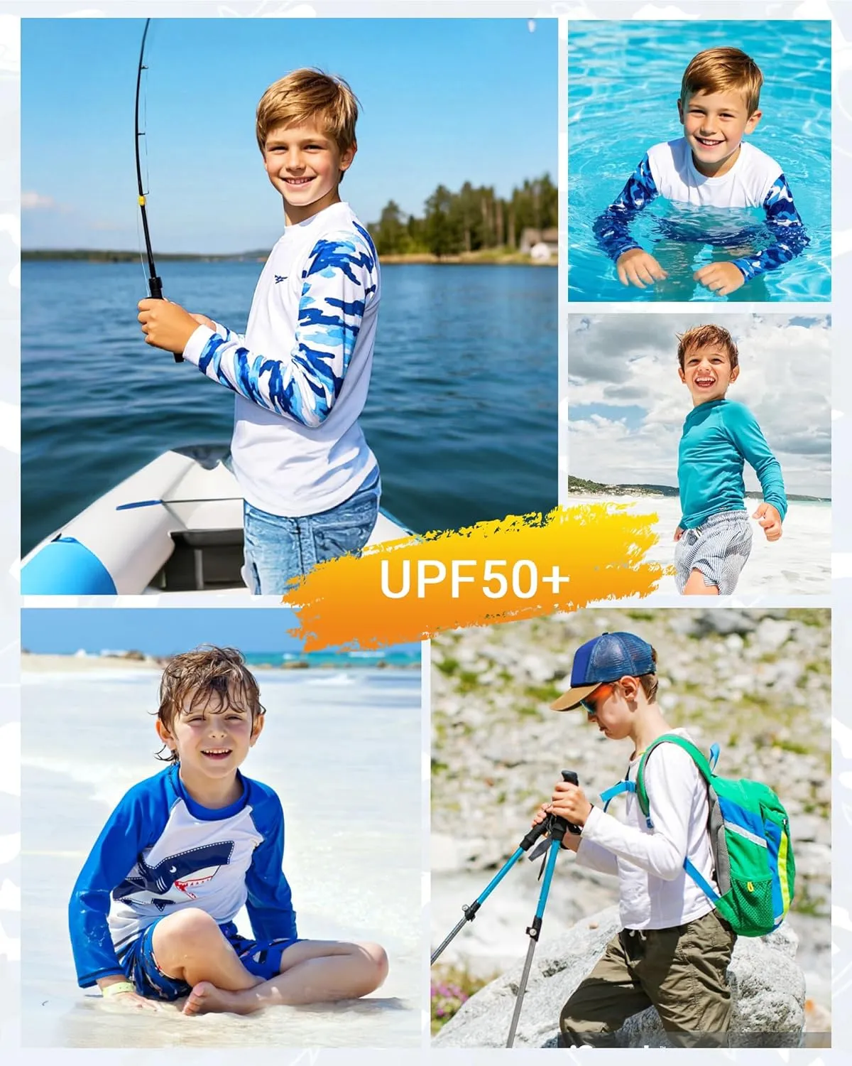 UPF 50  Boys Rash Guard Long Sleeve Thumb Hole UV Sun Protection Swim Shirt for Kids Quick-Dry SPF Fishing Shirts