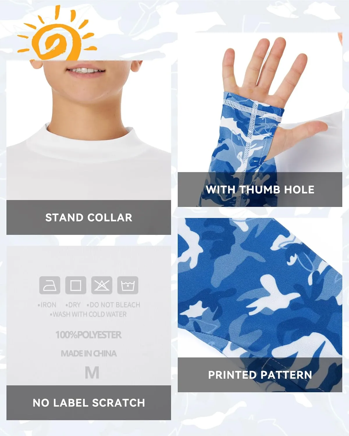 UPF 50  Boys Rash Guard Long Sleeve Thumb Hole UV Sun Protection Swim Shirt for Kids Quick-Dry SPF Fishing Shirts