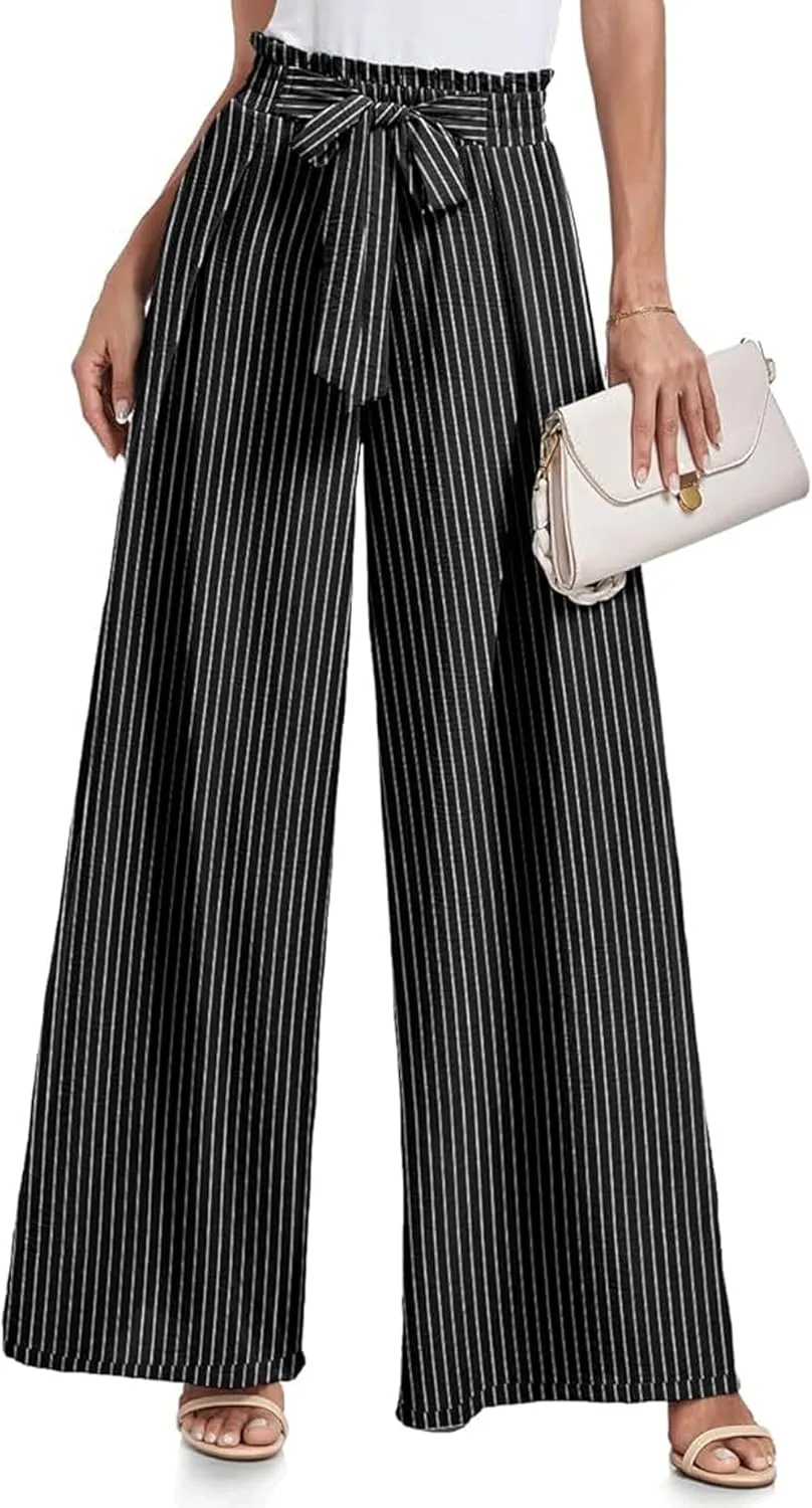 utcoco Printed Pants for Women Work Casual Loose Trousers High Waist Adjustable Knot Wide Leg Pants with Pockets