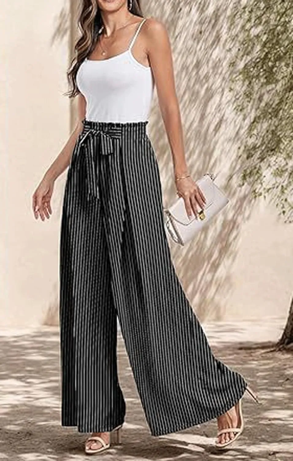 utcoco Printed Pants for Women Work Casual Loose Trousers High Waist Adjustable Knot Wide Leg Pants with Pockets