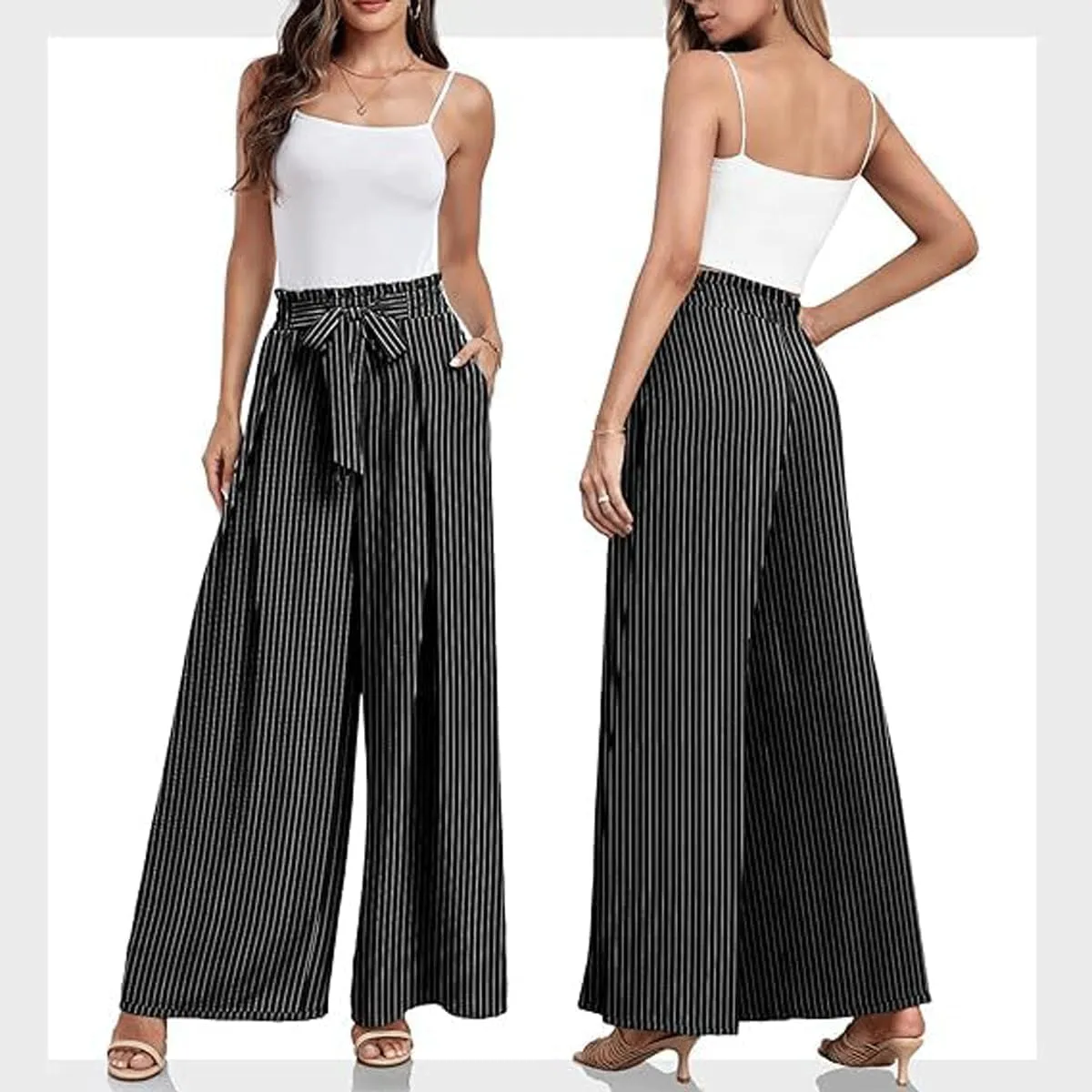 utcoco Printed Pants for Women Work Casual Loose Trousers High Waist Adjustable Knot Wide Leg Pants with Pockets