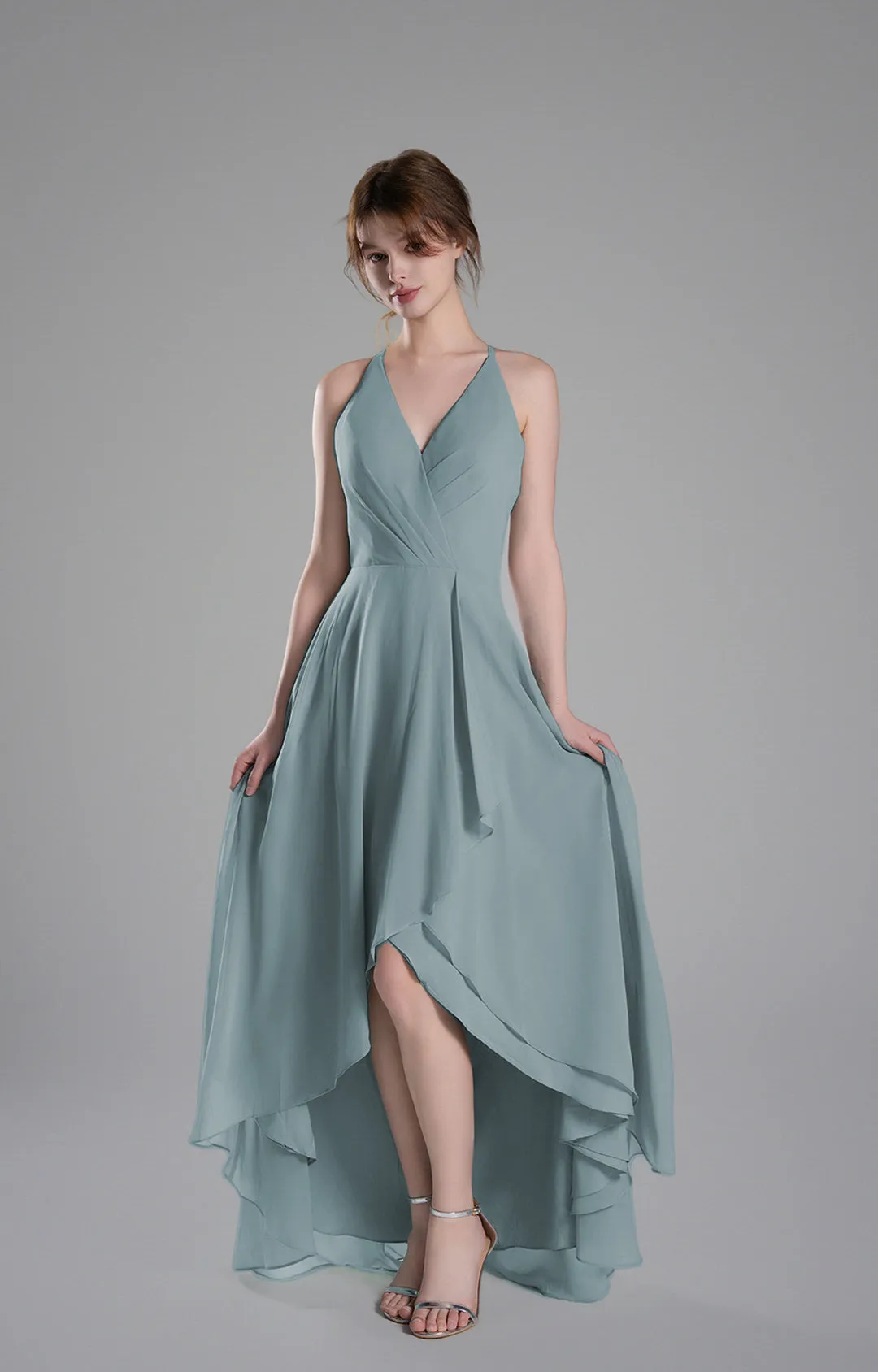 V-Neck Layered Drape Chiffon Maxi Dress