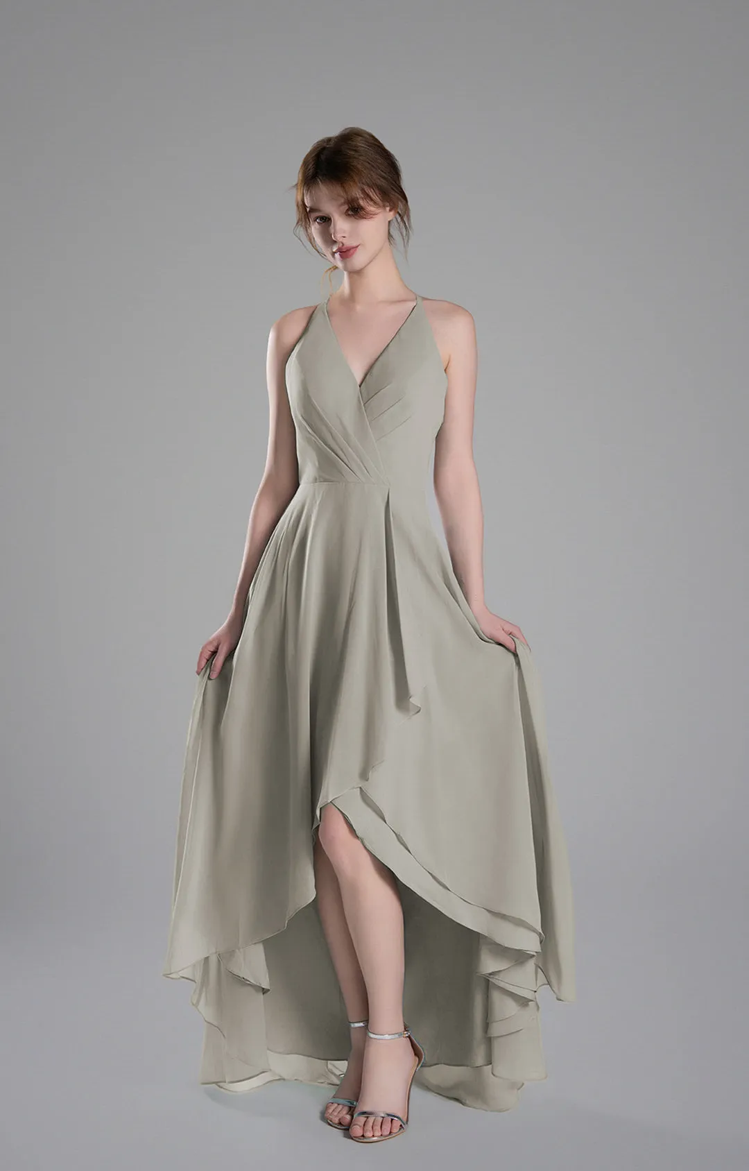 V-Neck Layered Drape Chiffon Maxi Dress