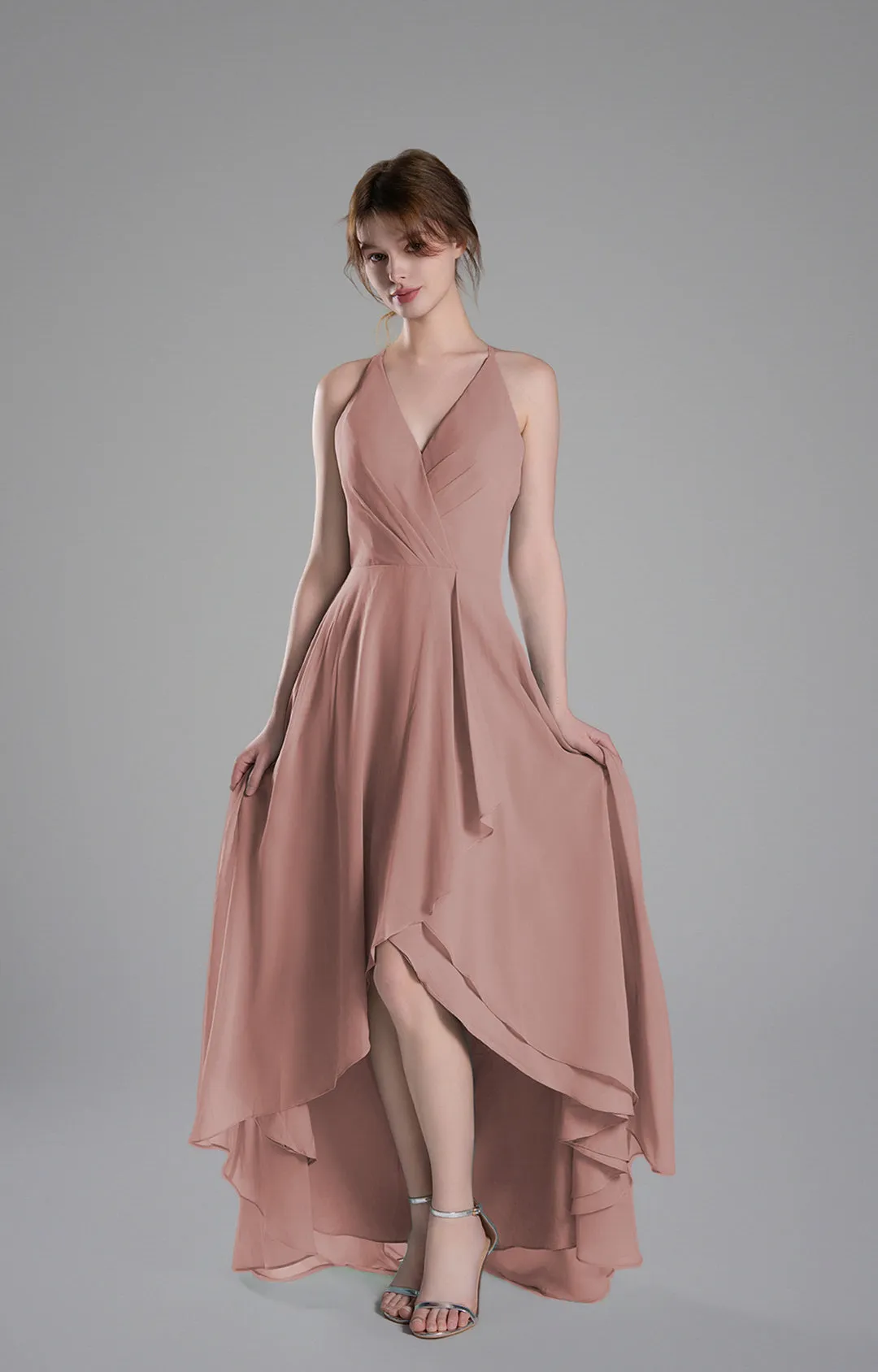 V-Neck Layered Drape Chiffon Maxi Dress