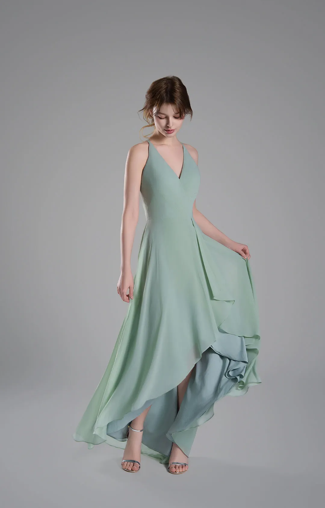 V-Neck Layered Drape Chiffon Maxi Dress