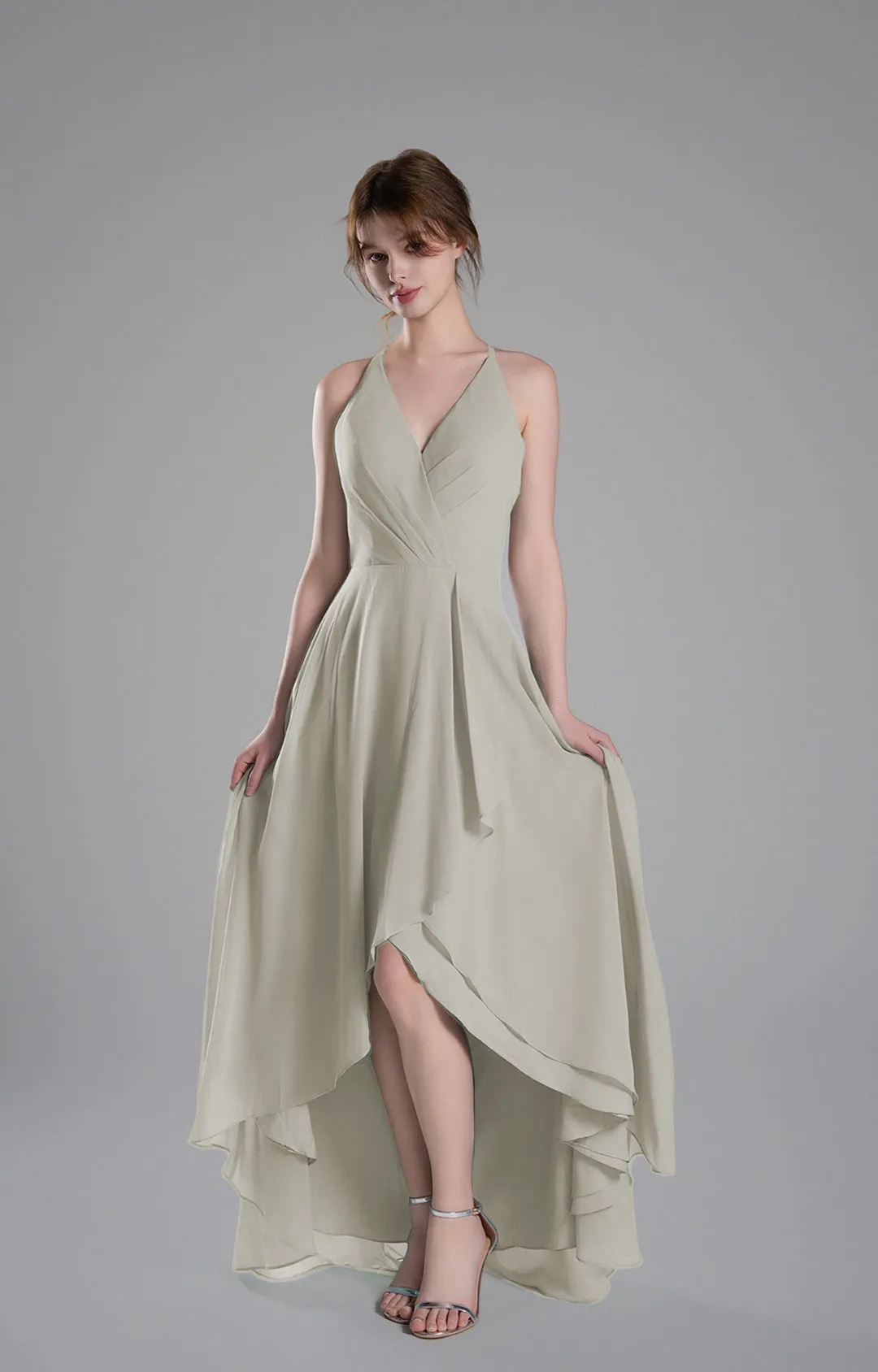V-Neck Layered Drape Chiffon Maxi Dress