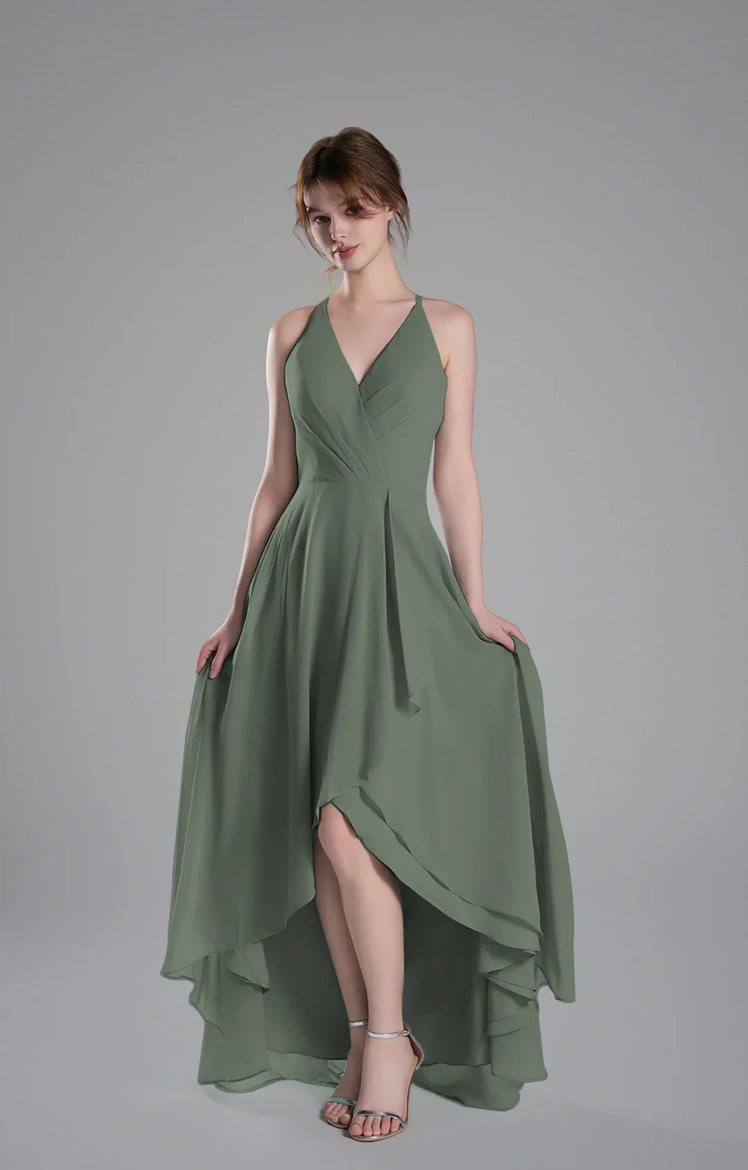 V-Neck Layered Drape Chiffon Maxi Dress