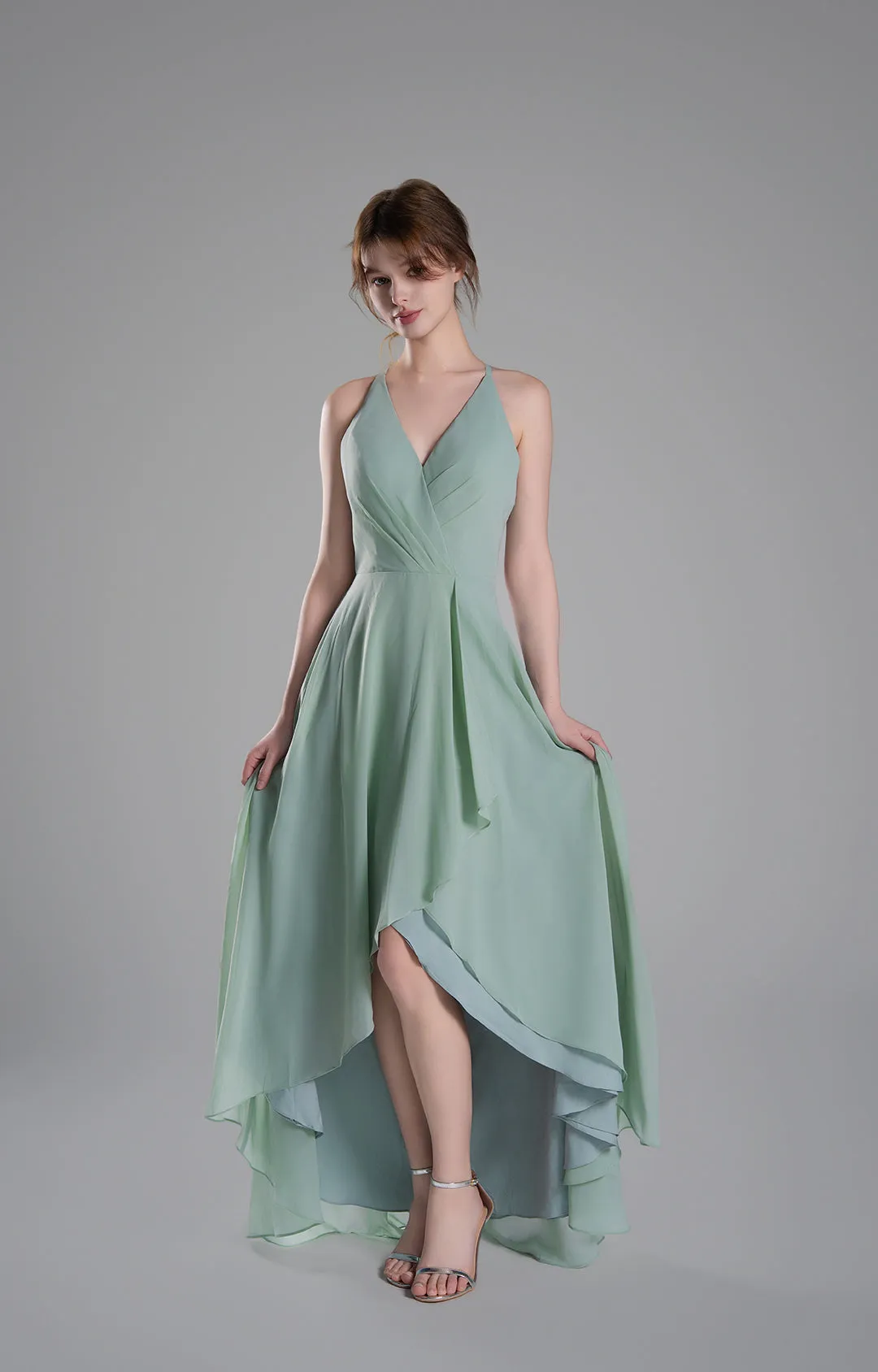 V-Neck Layered Drape Chiffon Maxi Dress