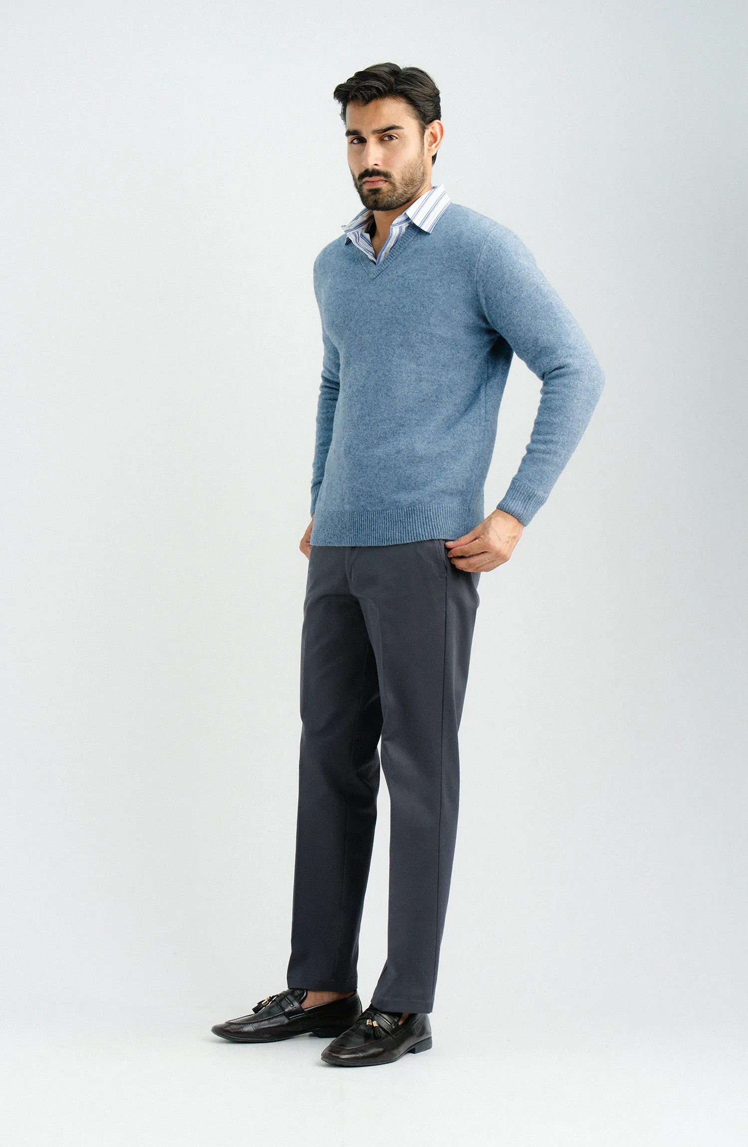 V-Neck Plain Sweater-F/S-Blue