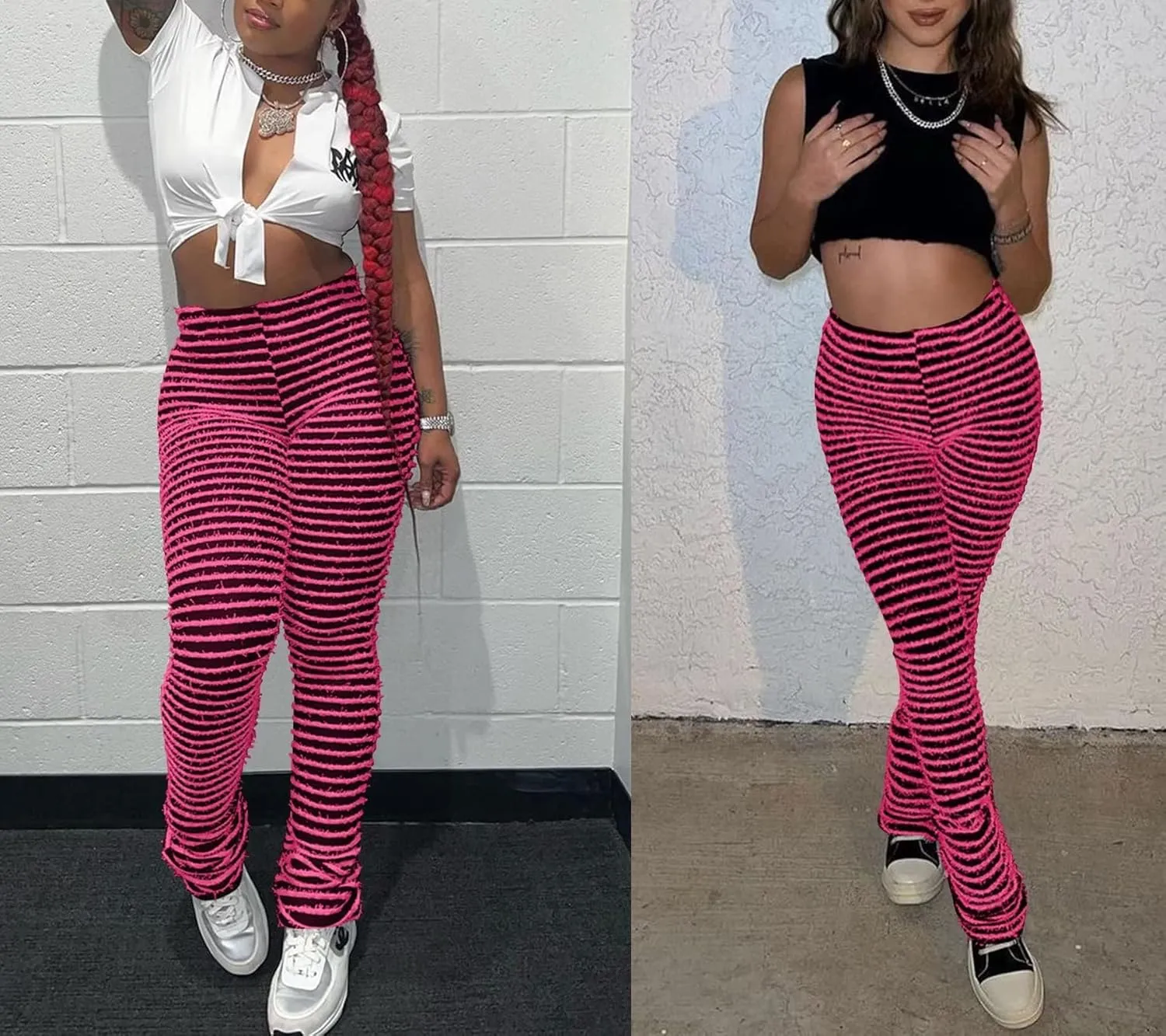 Vakkest Women's Striped Knitted Stacked Leggings Pants Hip Lifting Casual Streetwear Trousers Y2K Fluffy Jogger Sweatpants