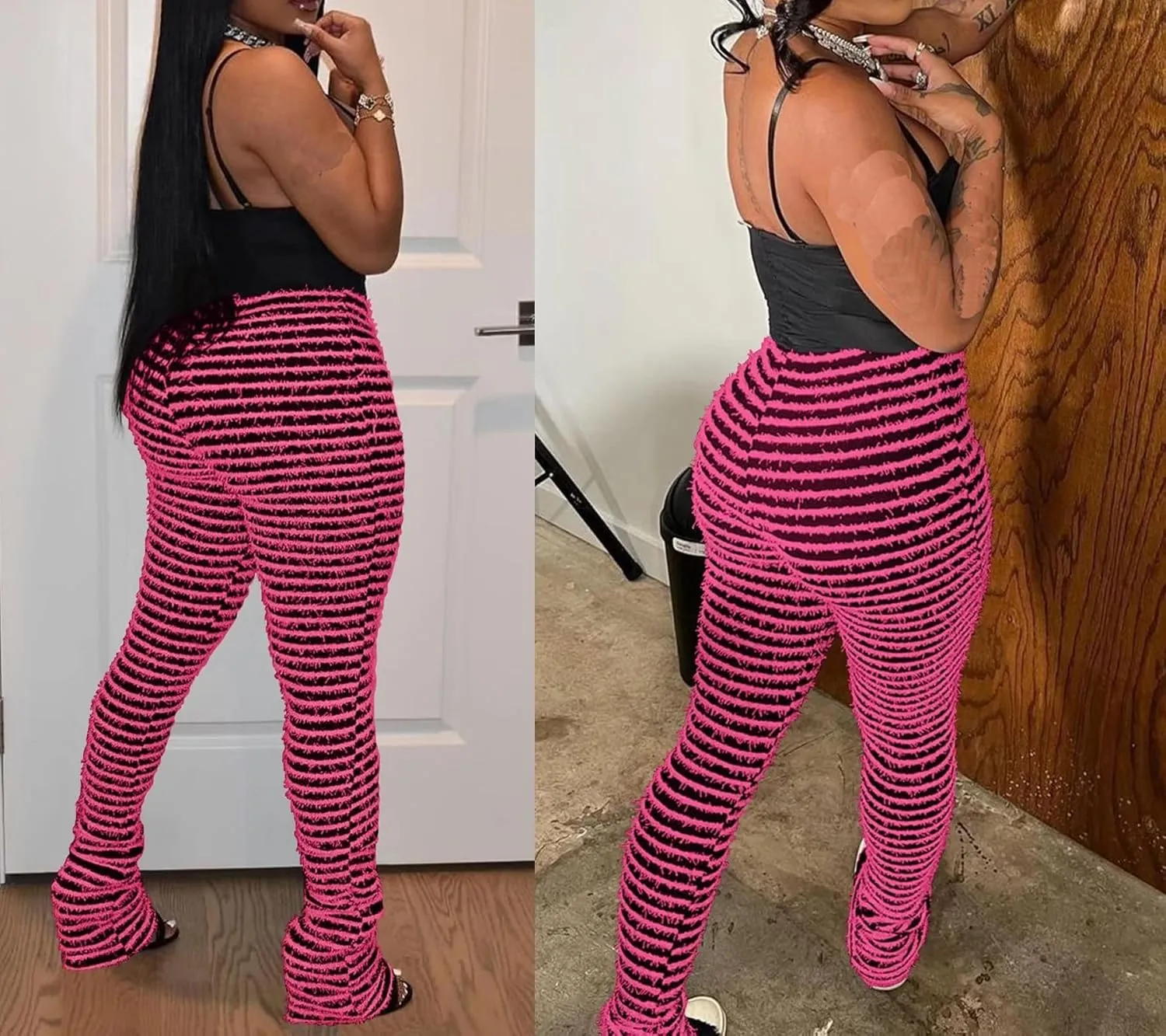 Vakkest Women's Striped Knitted Stacked Leggings Pants Hip Lifting Casual Streetwear Trousers Y2K Fluffy Jogger Sweatpants