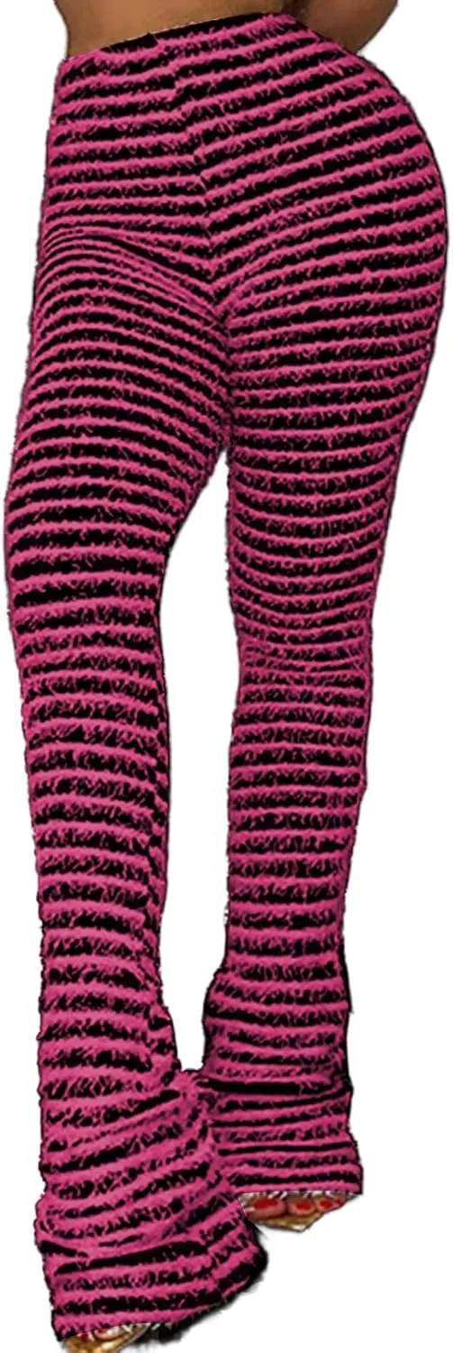 Vakkest Women's Striped Knitted Stacked Leggings Pants Hip Lifting Casual Streetwear Trousers Y2K Fluffy Jogger Sweatpants