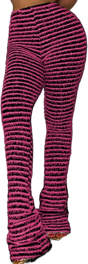 Vakkest Women's Striped Knitted Stacked Leggings Pants Hip Lifting Casual Streetwear Trousers Y2K Fluffy Jogger Sweatpants