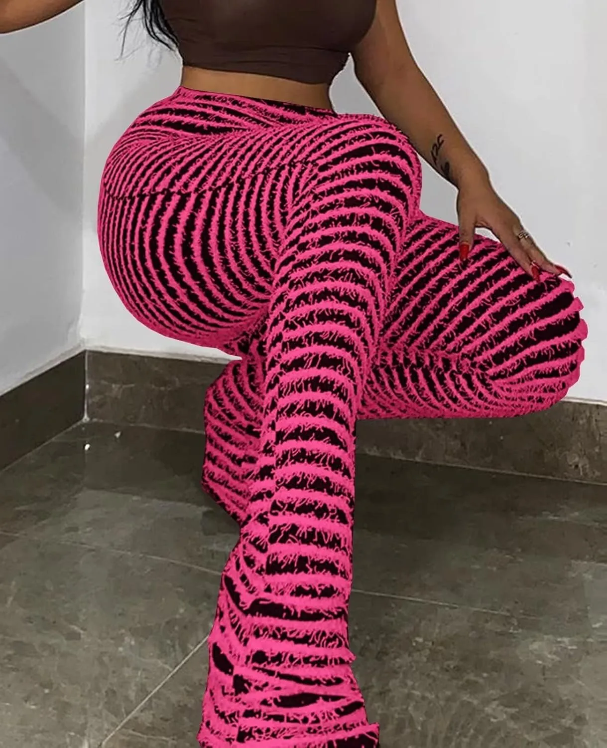 Vakkest Women's Striped Knitted Stacked Leggings Pants Hip Lifting Casual Streetwear Trousers Y2K Fluffy Jogger Sweatpants