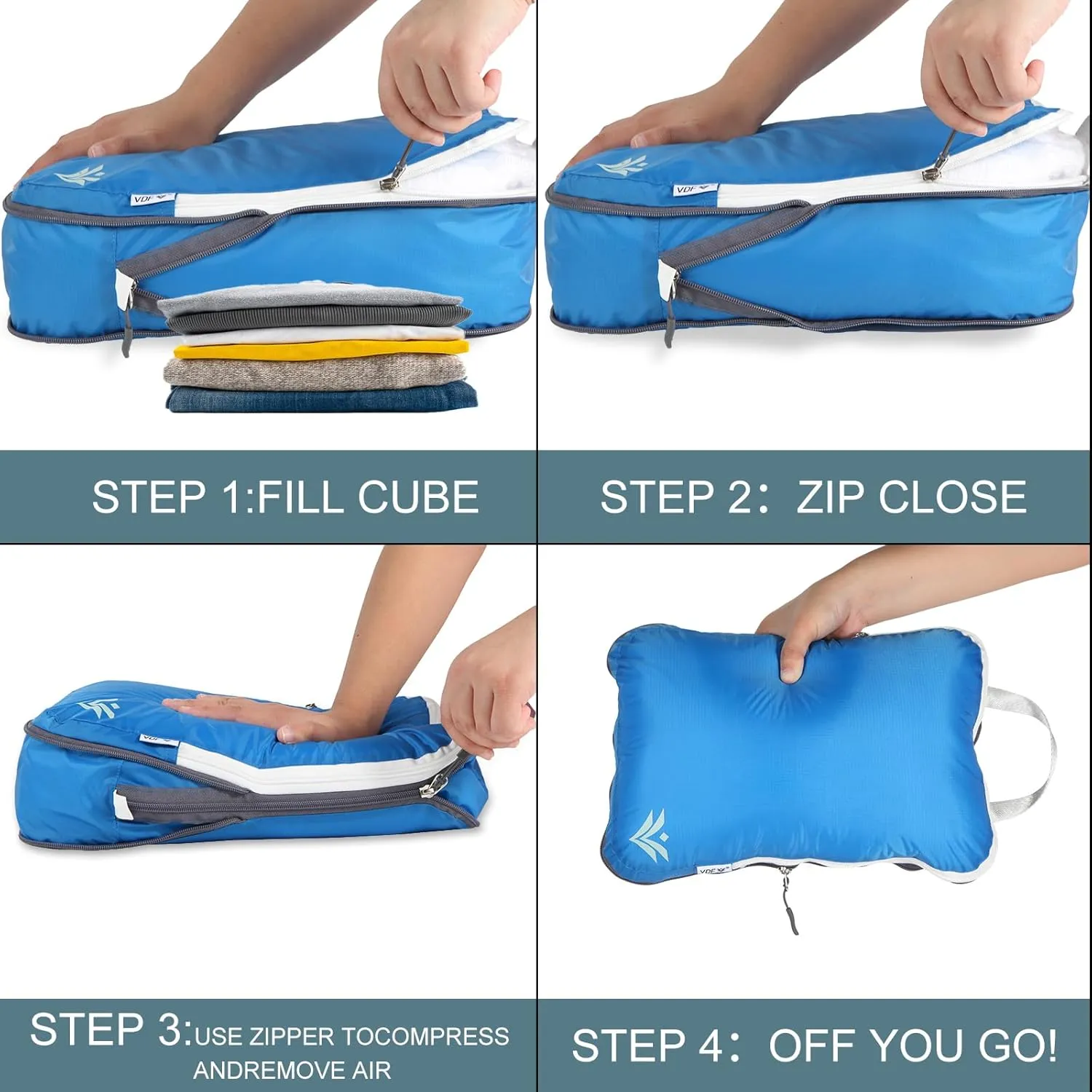 VDF Compression Packing Cubes for Travel,Luggage and Backpack Organizer Packaging,travel size Luggage Bags with Shoe Bag (Blue, 3 Piece)