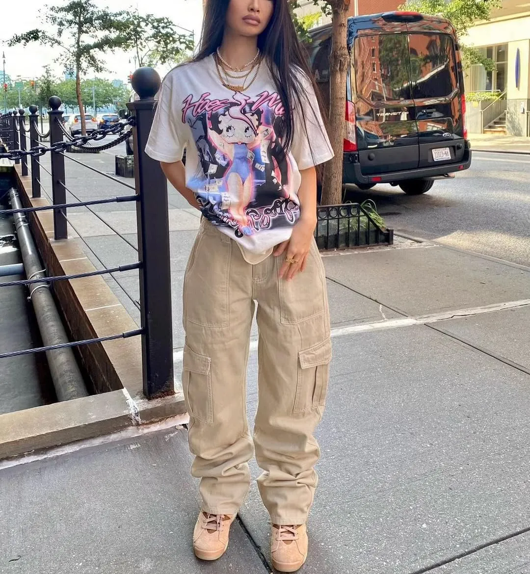 Viatabuna Women's High Waist Straight Leg Y2K Streetwear Cargo Pants Baggy Boyfriend Jeans with Pocket