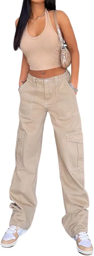 Viatabuna Women's High Waist Straight Leg Y2K Streetwear Cargo Pants Baggy Boyfriend Jeans with Pocket