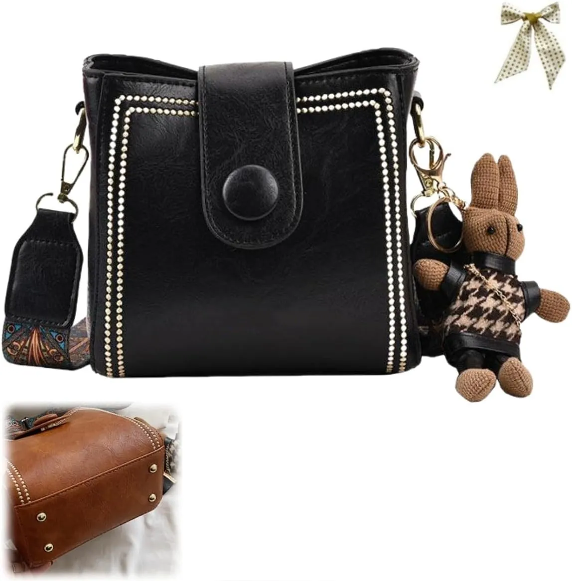 Vintage Fashion Bag with Adjustable Wider Shoulder Strap,Retro Water Bucket Shoulder Bag,Casual Crossbody with Rabbit Pendant