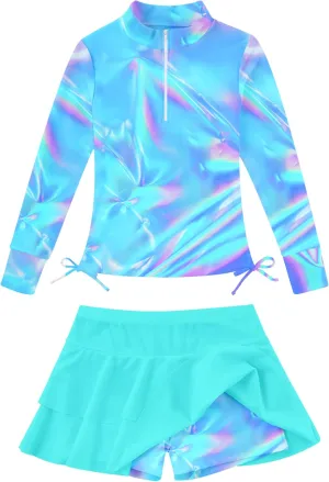 Vogseek 3-12T Girls Rash Guard 2 Pieces Bathing Suit Long Sleeve Swimsuit Swimming Skirt with Shorts Swimwear