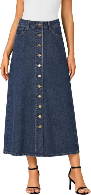 Vrtige Women's Casual Button Down High Waisted A Line Jean Midi Long Denim Skirt with Pockets