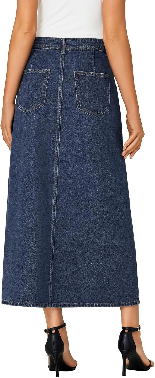 Vrtige Women's Casual Button Down High Waisted A Line Jean Midi Long Denim Skirt with Pockets