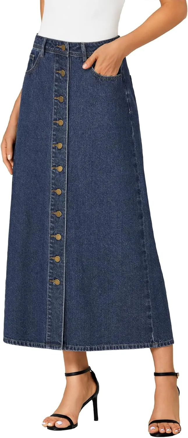 Vrtige Women's Casual Button Down High Waisted A Line Jean Midi Long Denim Skirt with Pockets