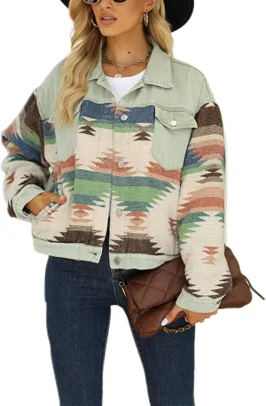 Wanzetaly Womens Aztec Print Denim Jacket Shacket Lapel Long Sleeve Button Down Retro Jean Coat