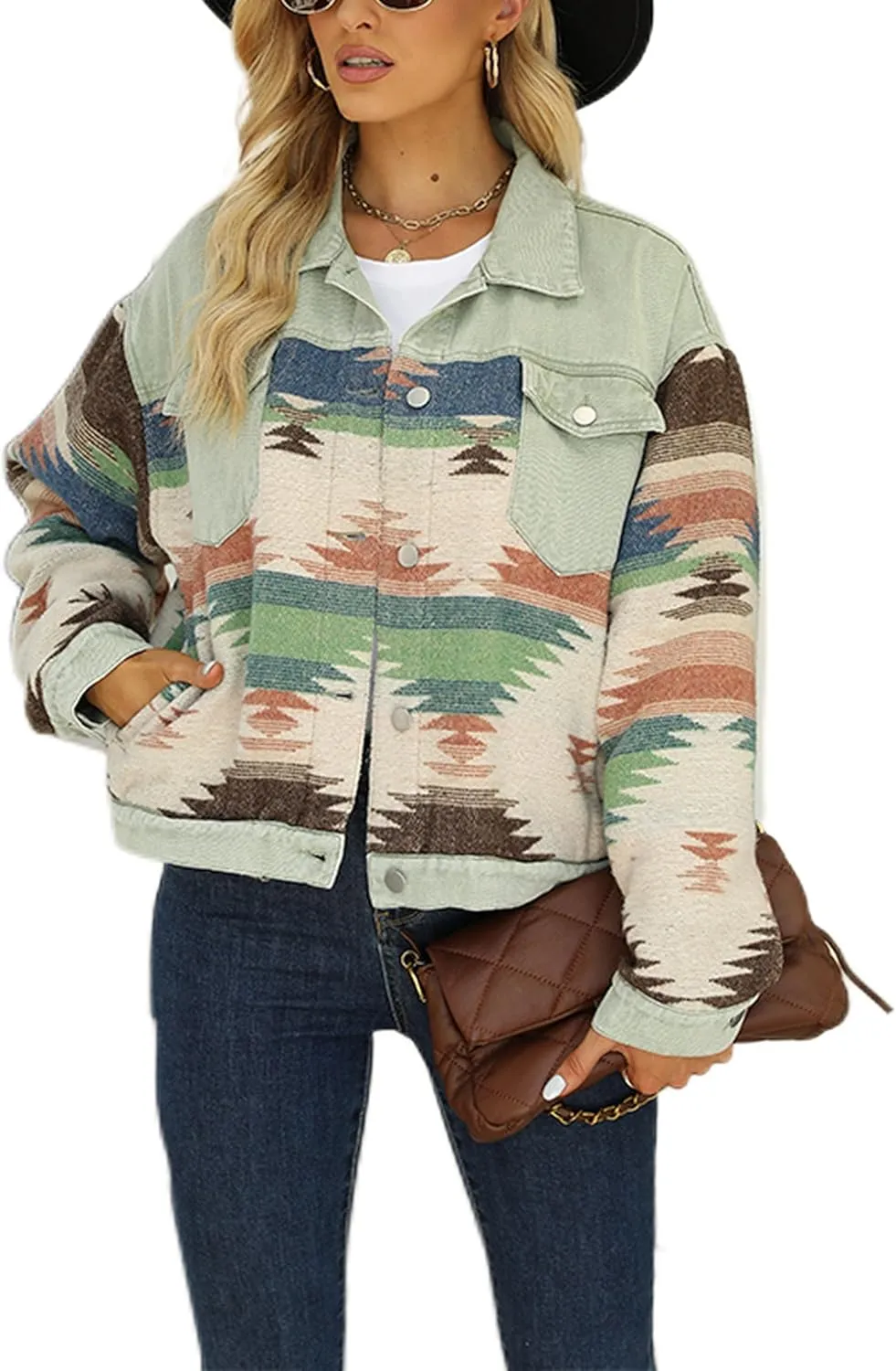 Wanzetaly Womens Aztec Print Denim Jacket Shacket Lapel Long Sleeve Button Down Retro Jean Coat