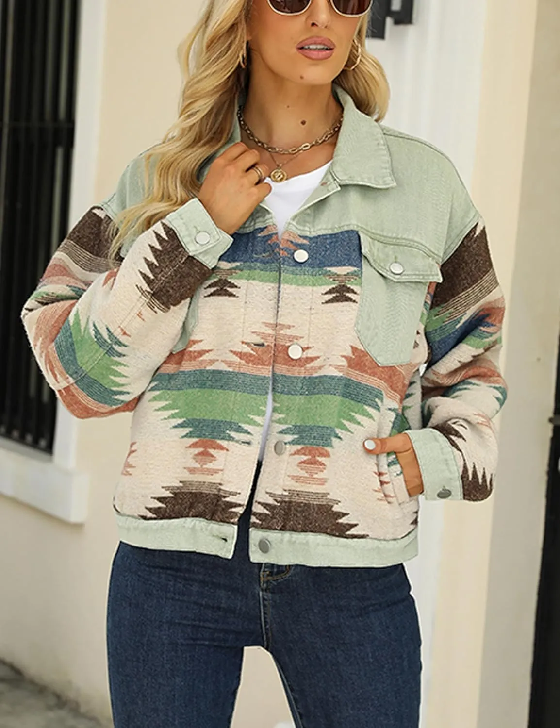 Wanzetaly Womens Aztec Print Denim Jacket Shacket Lapel Long Sleeve Button Down Retro Jean Coat