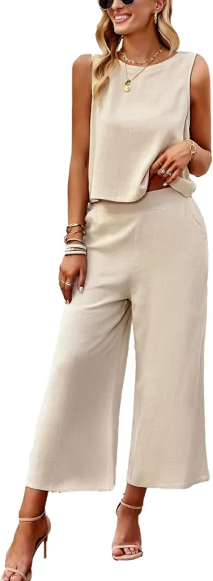 Wanzetaly Women's Summer 2 Piece Outfits Sleeveless Round Neck Tank Crop Basic Top Capri Wide Leg Pants Set with Pockets