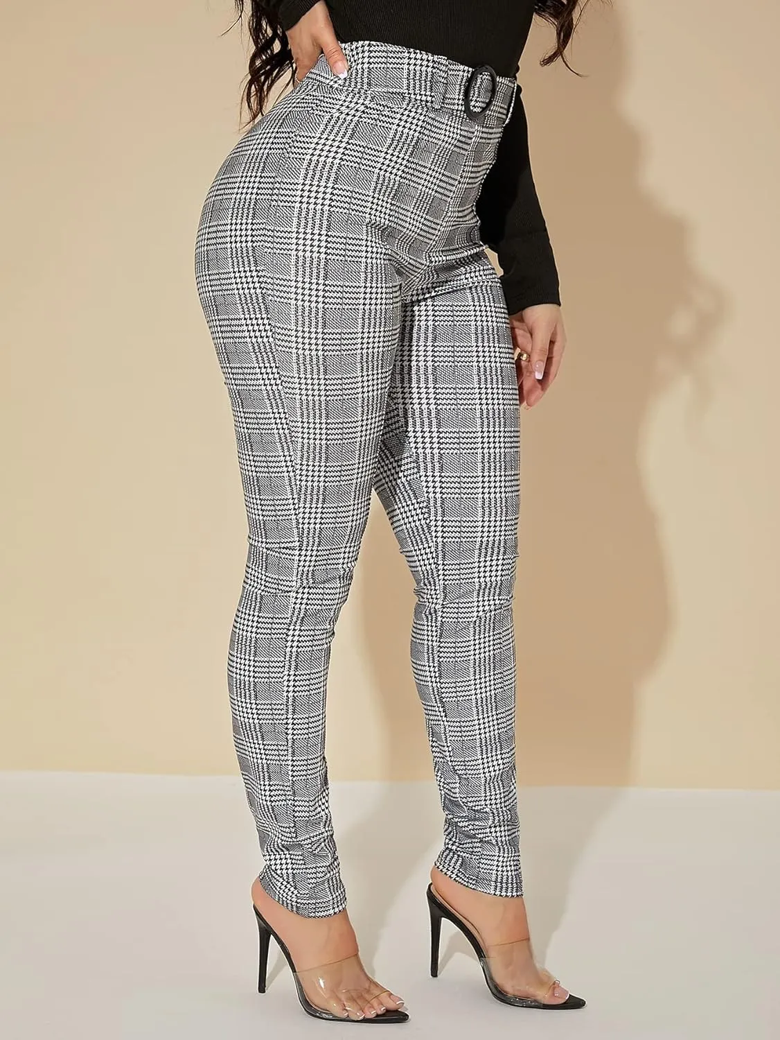 WDIRARA Women's Plaid High Waist Belted Skinny Pants Casual Stretchy Leggings
