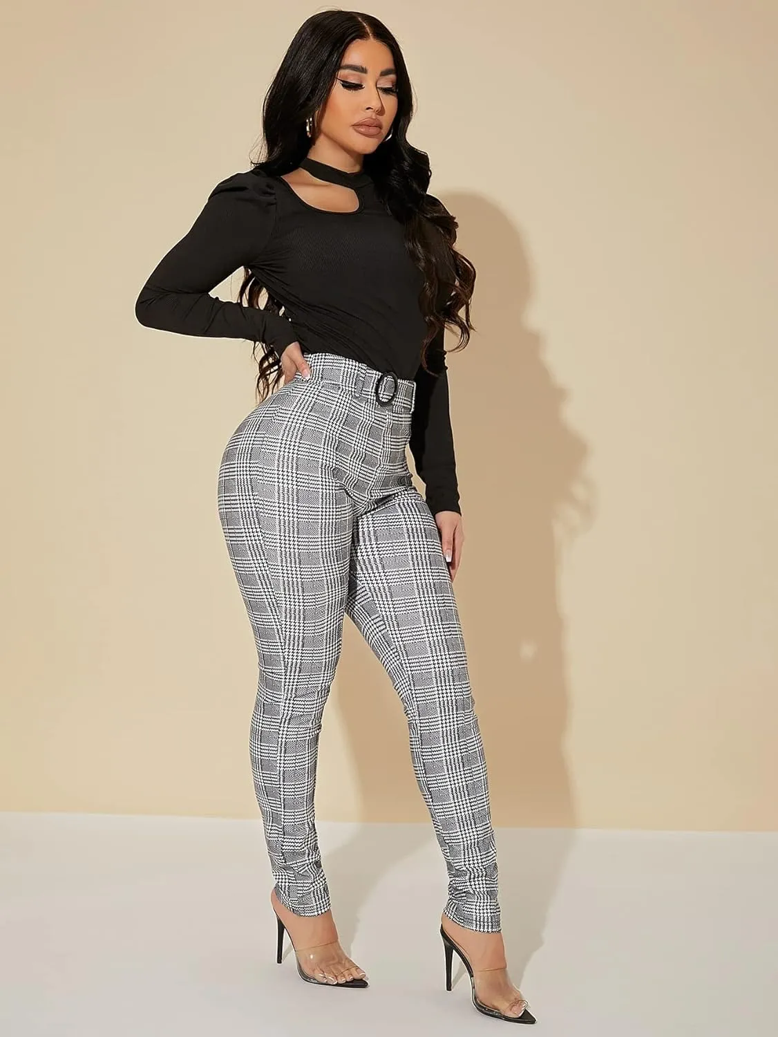 WDIRARA Women's Plaid High Waist Belted Skinny Pants Casual Stretchy Leggings