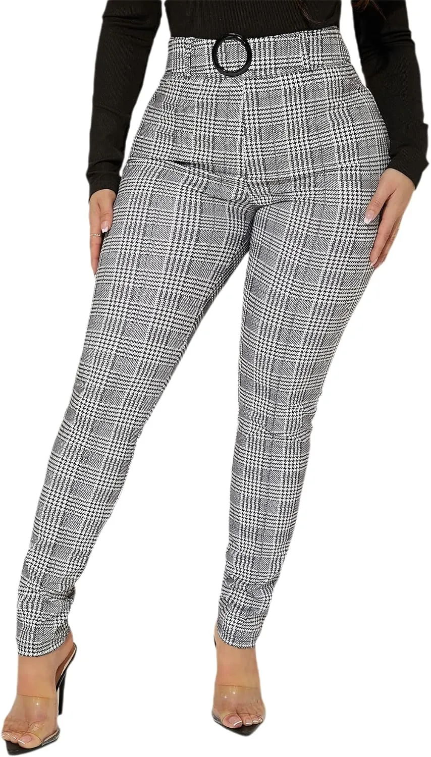 WDIRARA Women's Plaid High Waist Belted Skinny Pants Casual Stretchy Leggings