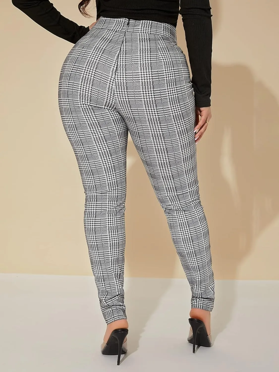 WDIRARA Women's Plaid High Waist Belted Skinny Pants Casual Stretchy Leggings