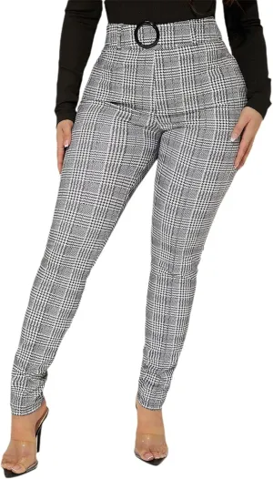 WDIRARA Women's Plaid High Waist Belted Skinny Pants Casual Stretchy Leggings