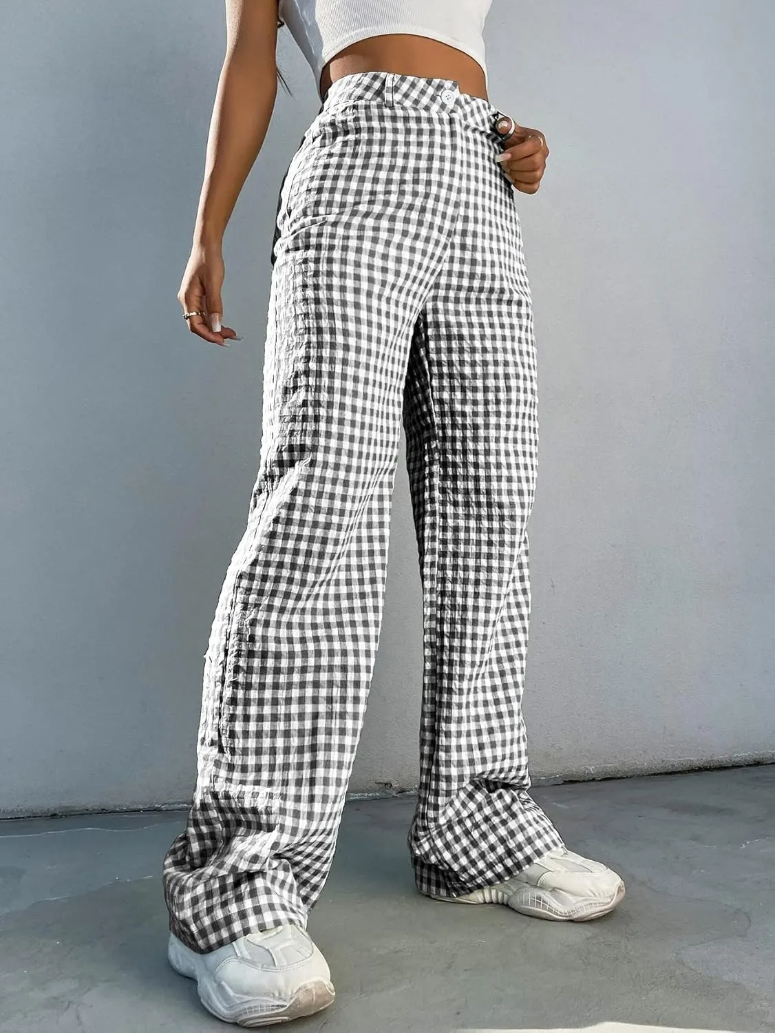 WDIRARA Women's Plaid High Waist Button Wide Leg Pants Gingham Trousers