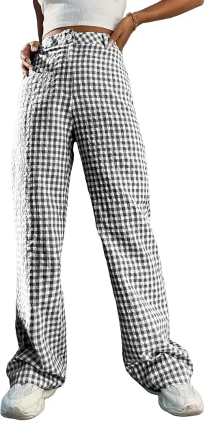 WDIRARA Women's Plaid High Waist Button Wide Leg Pants Gingham Trousers