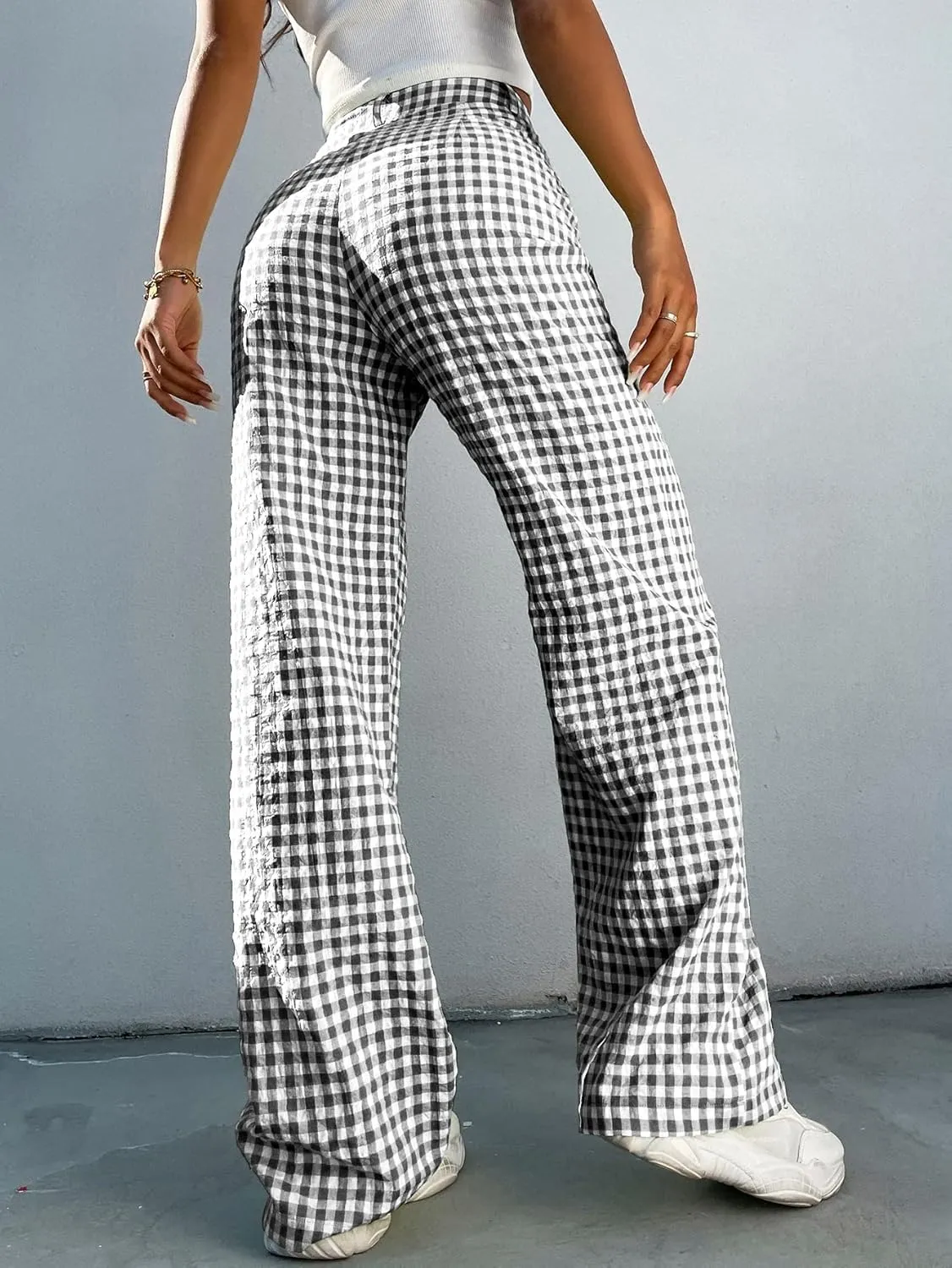 WDIRARA Women's Plaid High Waist Button Wide Leg Pants Gingham Trousers