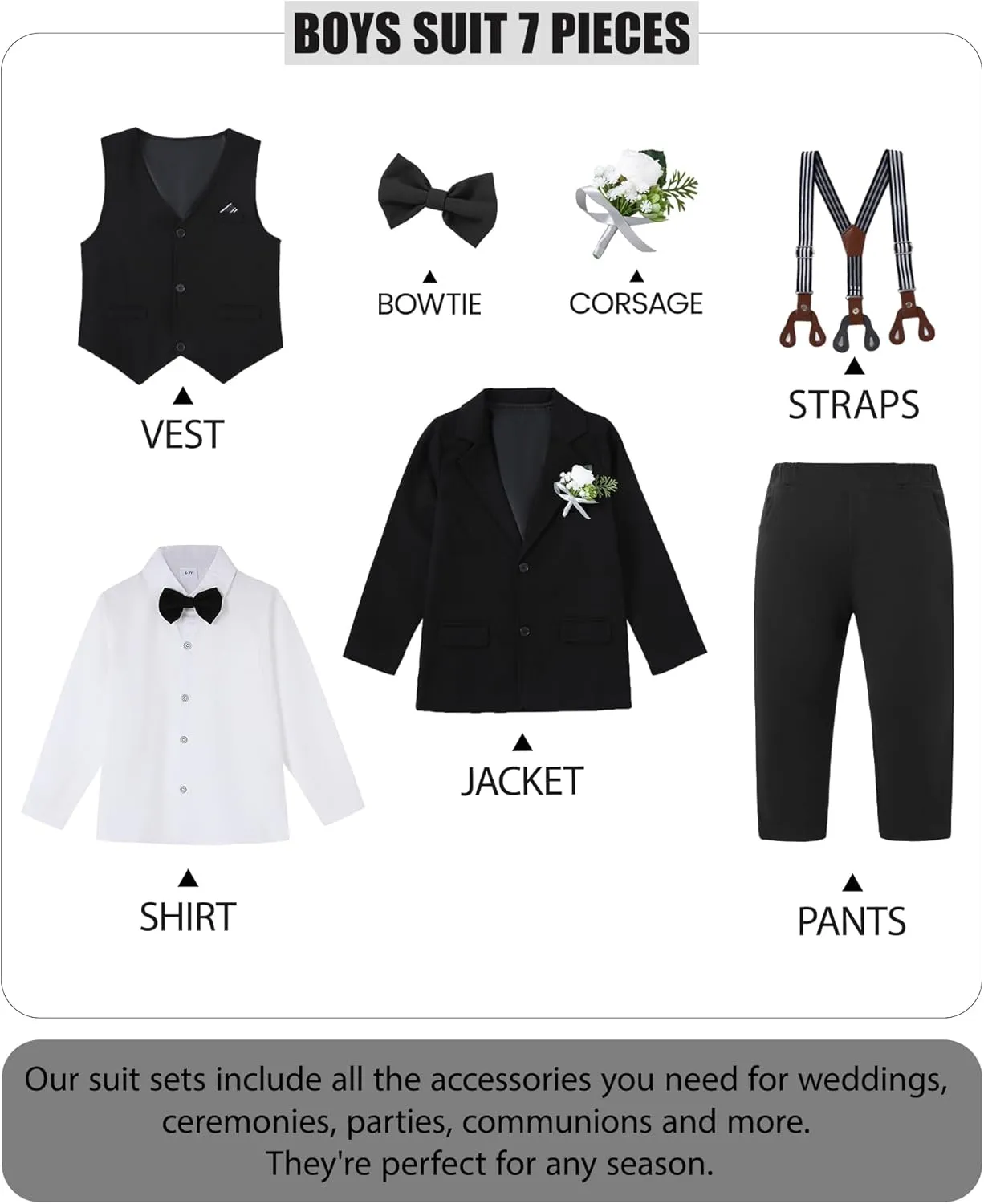 WESIDOM Boy's Formal Suits Set 7 Piece, Size 6-10 Kids Tuxedo Toddler Dress Clothes Blazer Vest Pants with Adjustable Waist