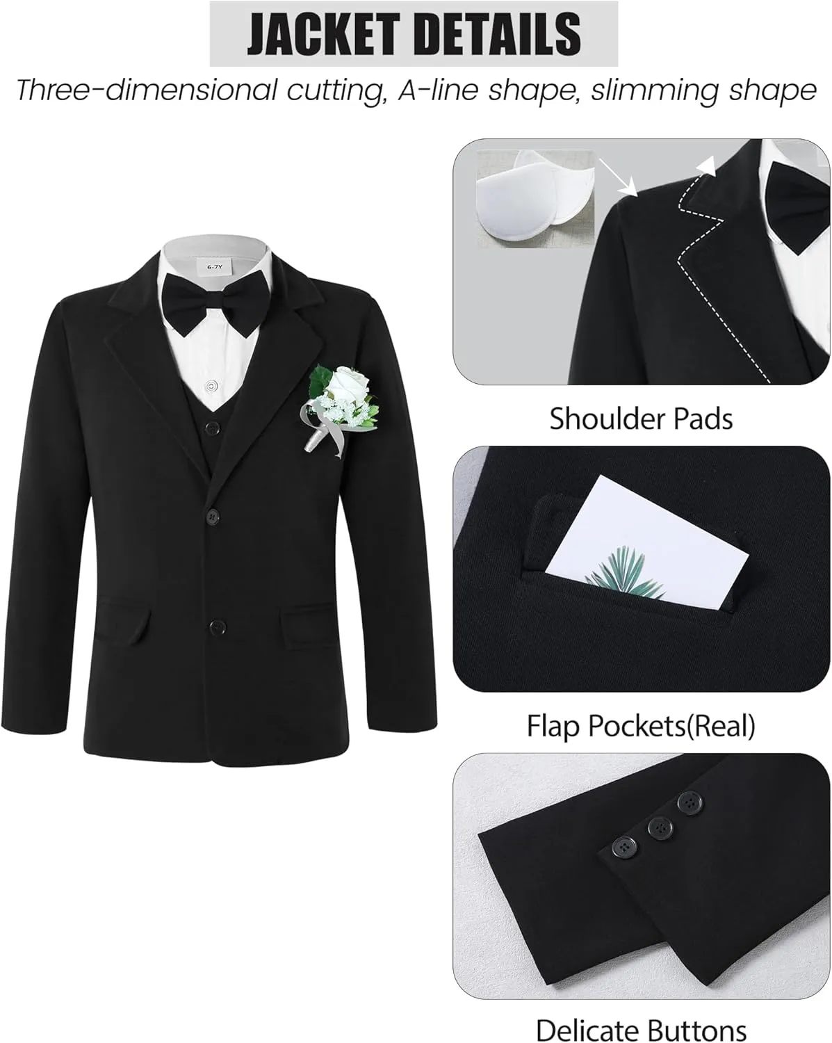 WESIDOM Boy's Formal Suits Set 7 Piece, Size 6-10 Kids Tuxedo Toddler Dress Clothes Blazer Vest Pants with Adjustable Waist