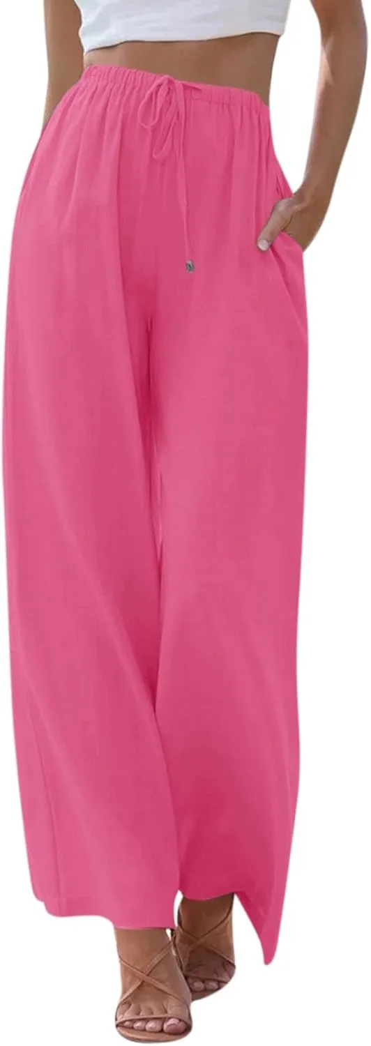 Wide Leg Linen Pants for Women Casual Summer Loose Fit Flowy Beach Pants with Pockets Elastic High Waisted Vacation Trousers