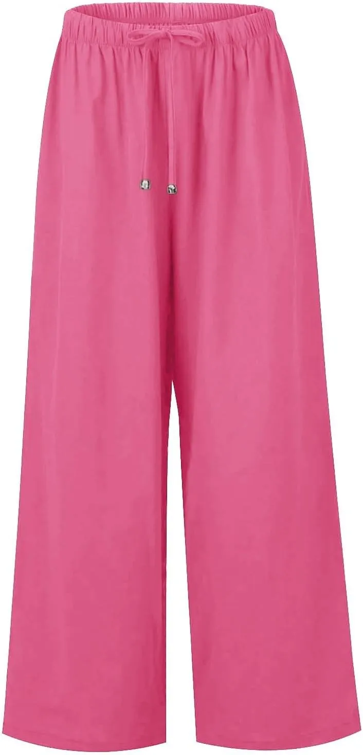 Wide Leg Linen Pants for Women Casual Summer Loose Fit Flowy Beach Pants with Pockets Elastic High Waisted Vacation Trousers