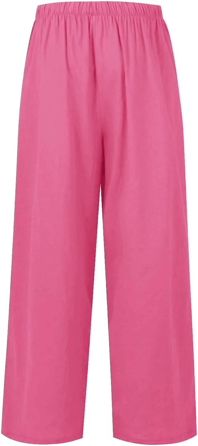Wide Leg Linen Pants for Women Casual Summer Loose Fit Flowy Beach Pants with Pockets Elastic High Waisted Vacation Trousers