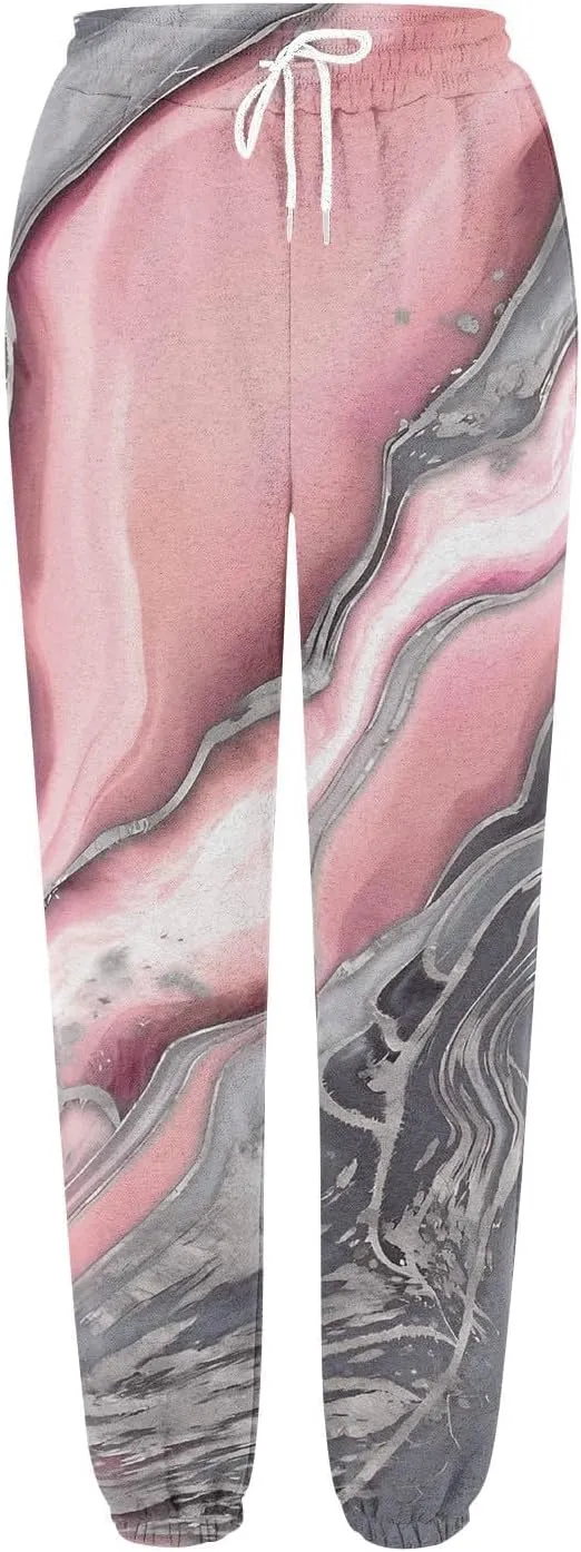 Wide Leg Sweatpants for Women Print High Waist Trouser with Pocket Cinch Bottom Pants Casual Athletic Pants