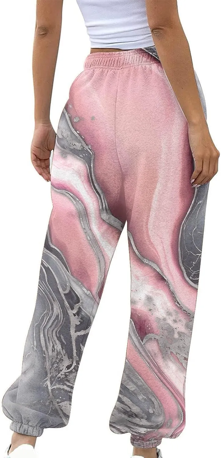 Wide Leg Sweatpants for Women Print High Waist Trouser with Pocket Cinch Bottom Pants Casual Athletic Pants